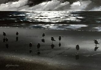 oil painting of birds on a lonely beach
