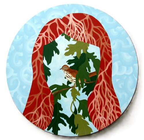 round painting on wood bird in a tree