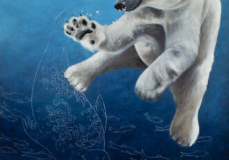 painting of a polar bear swimming