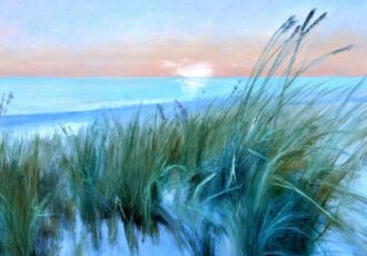 Serene oil painting of the beach at sunset