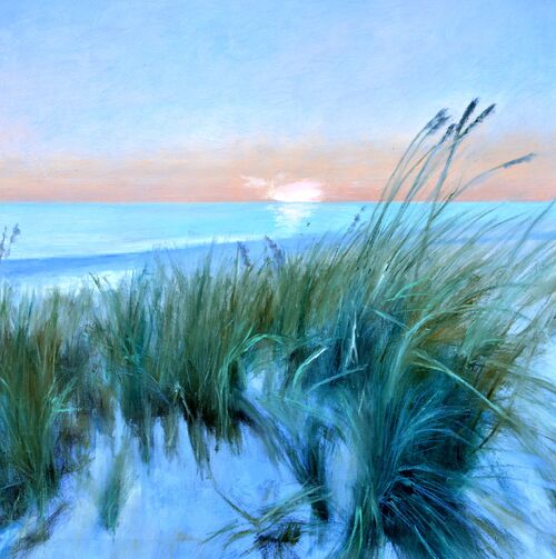 Serene oil painting of the beach at sunset