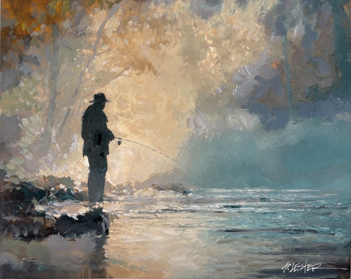 painting of a fisherman in the fog
