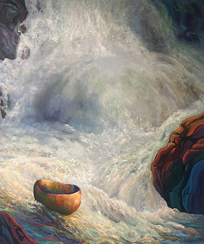 painting of a begging bowl at a river