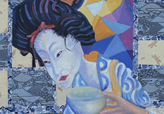 painting of a geisha with begging bowl