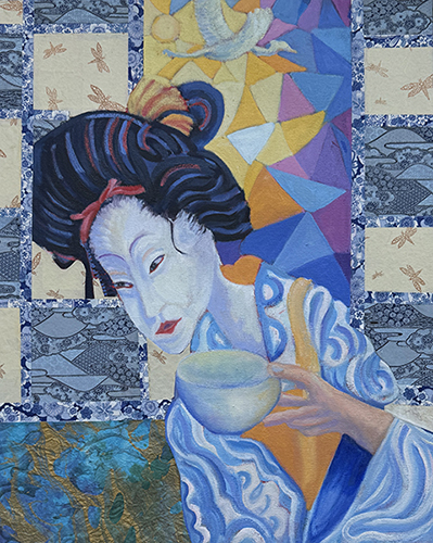 painting of a geisha with begging bowl