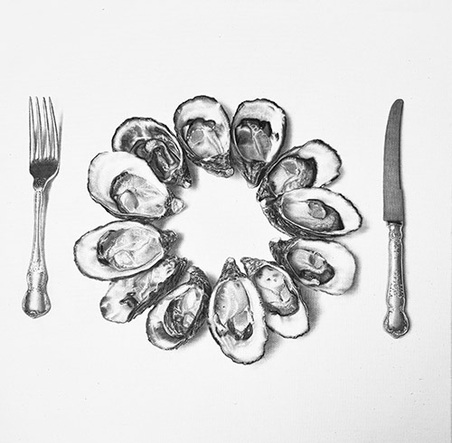 drawing of a dozen oysters and silverware