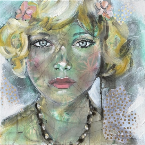 layered painting of a young woman