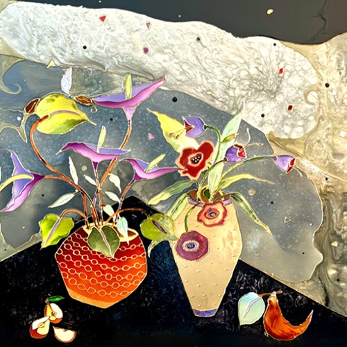 mixed media whimsical still life painting