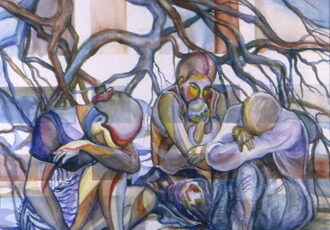 watercolor painting of grieving people