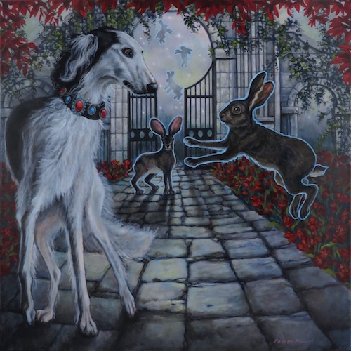 whimsical painting of a hare and hound