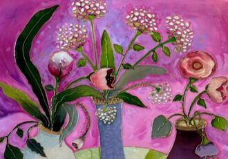 whimsical floral painting in pinks