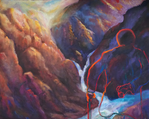 oil painting of a figure on a mountain journey