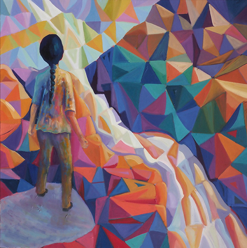 oil painting of a woman walking along painted hills and canyons