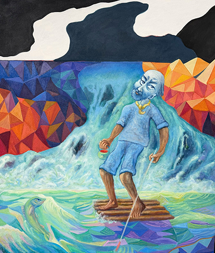 colorful figurative painting of a man on a journey