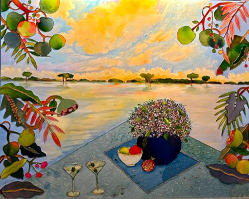 whimsical painting of martinis on a table overlooking a sunset