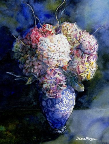watercolor painting vase of hydrangea