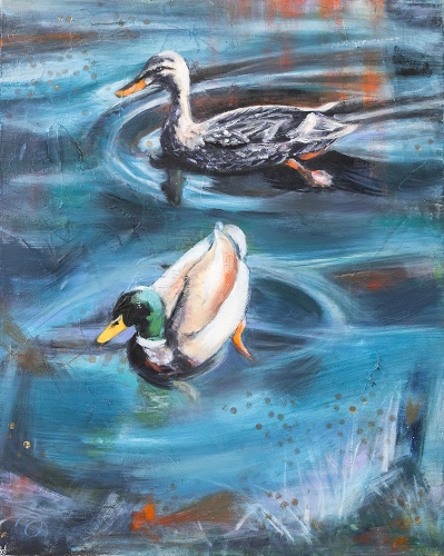 painting of ducks on a pond