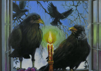 whimsical painting of crows