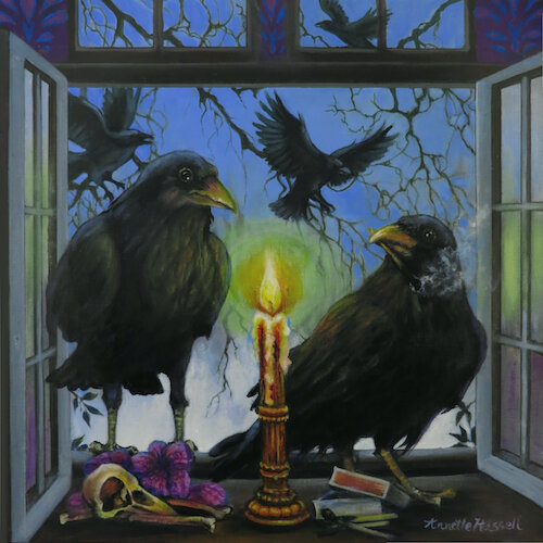 whimsical painting of crows