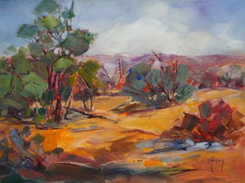 landscape painting of rural Colorado ranch