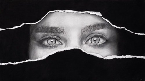 striking portrait of a woman looking through a dark portal