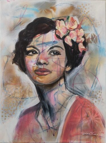 layered mixed media portrait of a woman