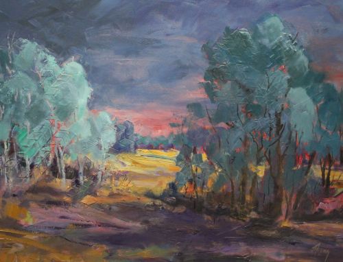 Colorful landscape painting of a sunset