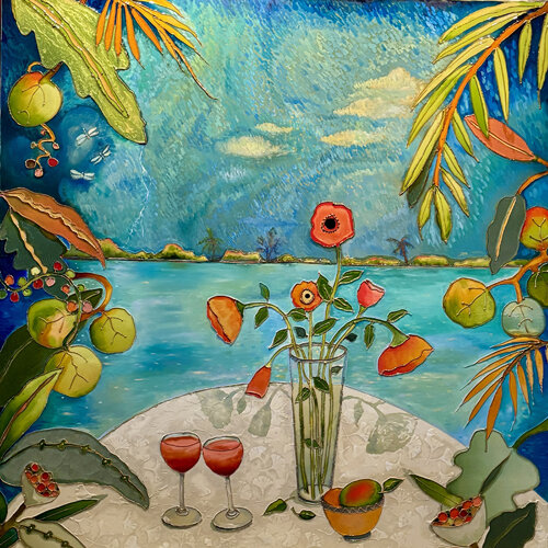 whimsical painting of a terrace table with wine glasses