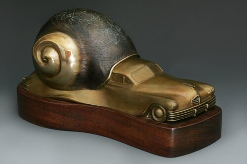 bronze and wood imaginary snail car sculpture
