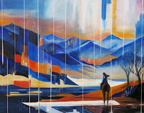 painting of a figure in a colorful landscape