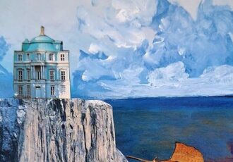 surreal collage art with a house on a cliff and fish