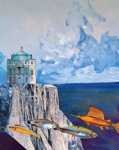 surreal collage art with a house on a cliff and fish