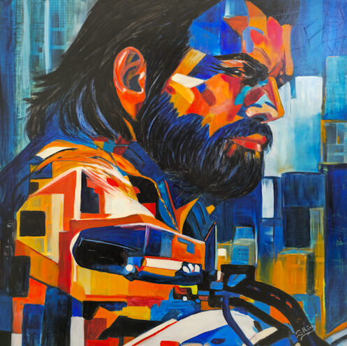 mixed media oil painting of a motorcyclist