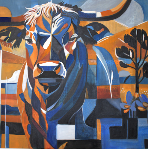 colorful painting of a herd of cows
