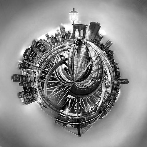 b&w photo of Manhattan portrayed as a globe