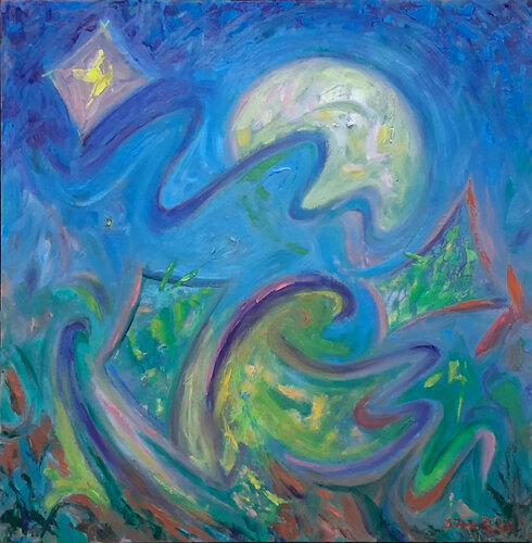 Moonlight themed abstract oil painting