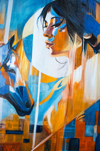 painting of a pensive woman and a horse