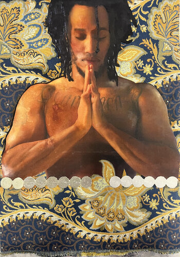 mixed media portrait of a young man praying