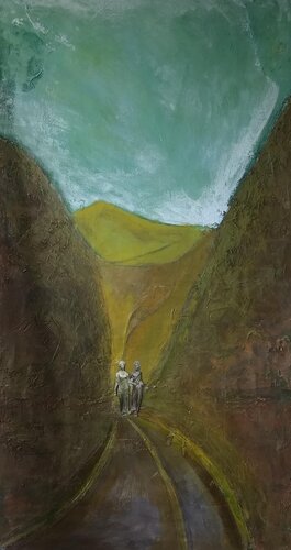 collaged painting of a narrow passageway