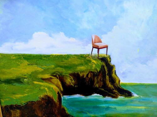 surreal collage with a chair on a cliff