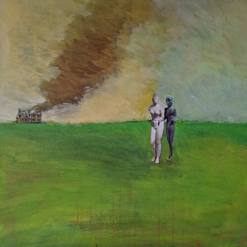 artwork with acrylic paint and collaged figures