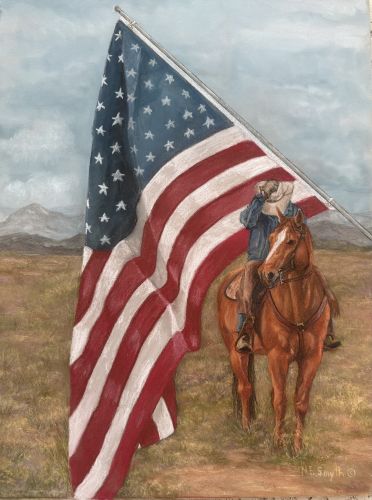 pastel painting of a horse, rider and American flag