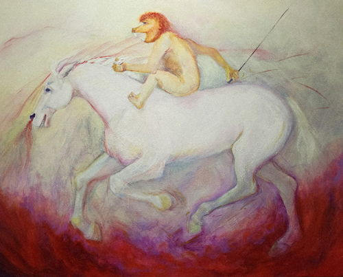 dreamlike image of a creature riding a horse