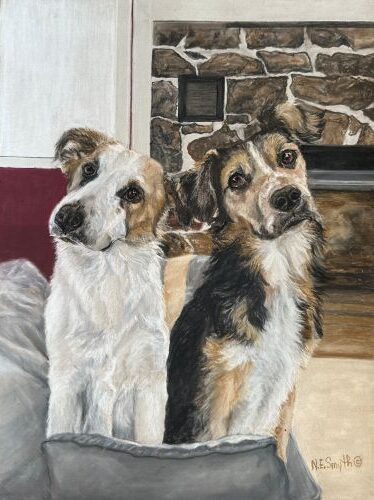 pastel portrait of two dogs