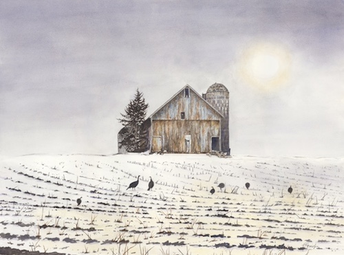 watercolor painting of a barn in the snow