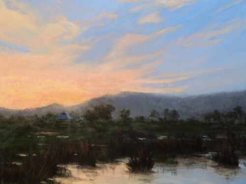 ethereal landscape painting with sunset colors