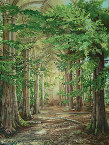 painting of a pathway in the forest