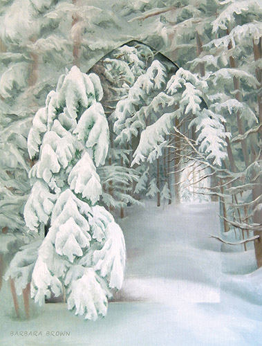 painting of snow-laden pine trees