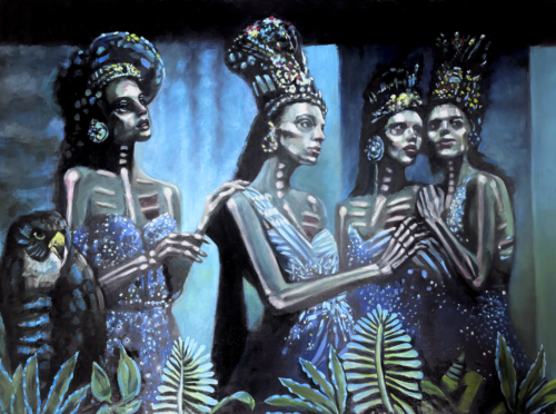 Figurative painting costumed group of women
