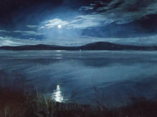 painting of a nightscape with full moon